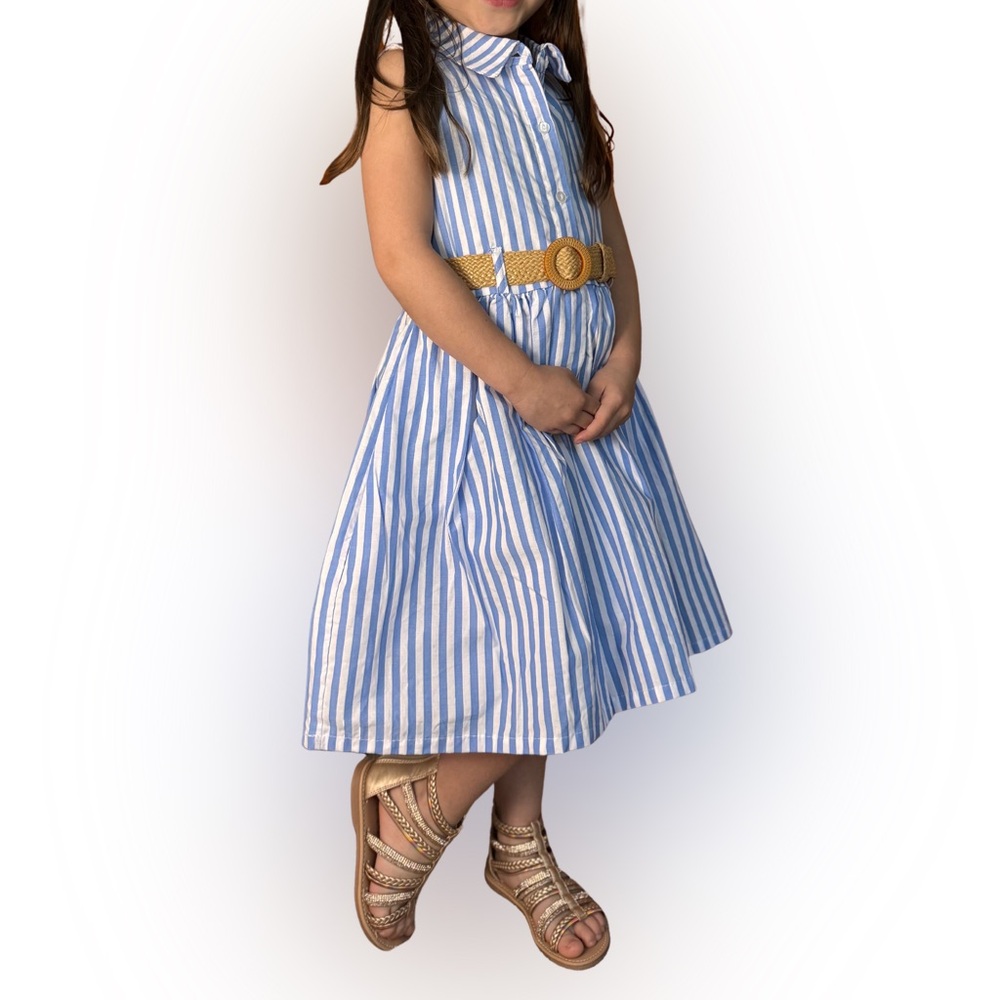 Kids Tahari Blue and White Striped Sleeveless Dress with Tan Belt